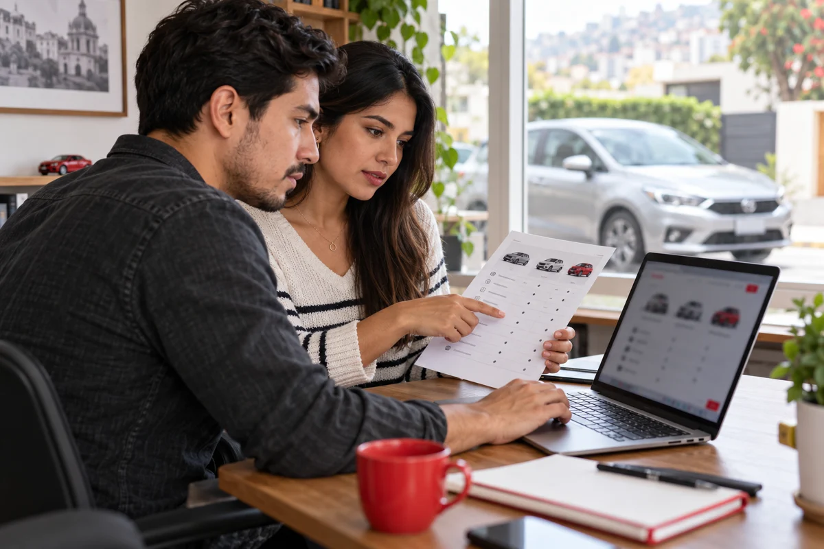 Ilustración de una pareja revisando antecedentes de un auto desde una laptop