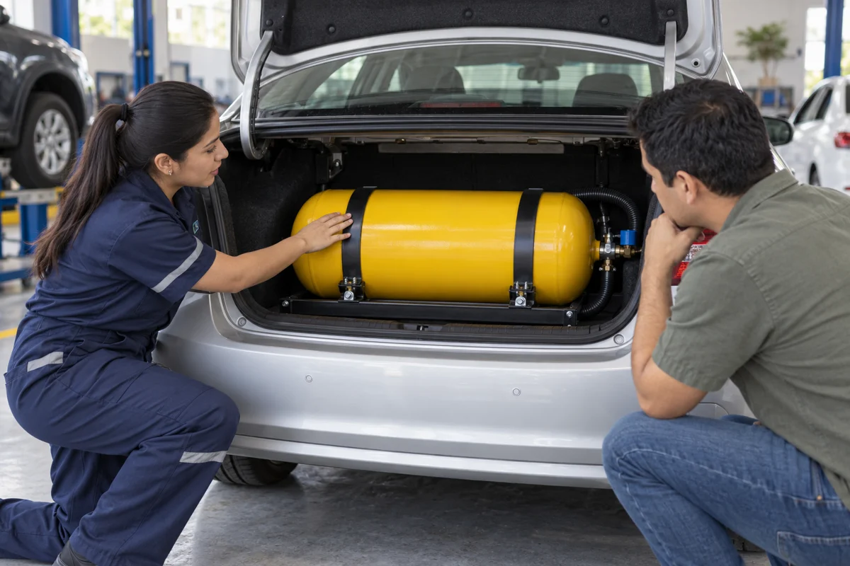 Ilustración de una técnica revisando con un comprador un sistema GNV instalado en un auto