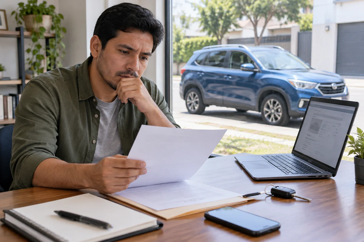 Ilustración de un comprador revisando documentos de un vehículo financiado