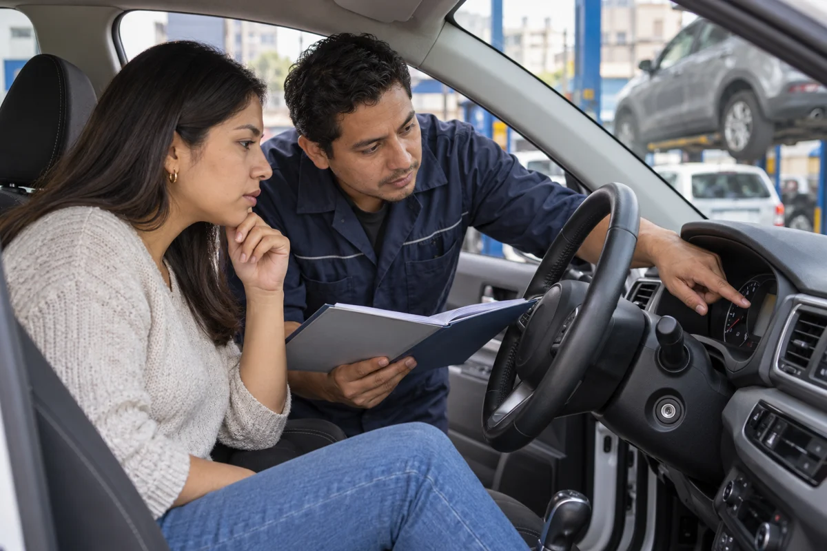 Ilustración de una compradora y un técnico contrastando documentos con el tablero de un auto