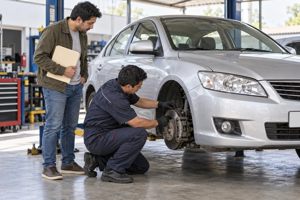 Ilustración de un técnico revisando un auto usado junto a un comprador