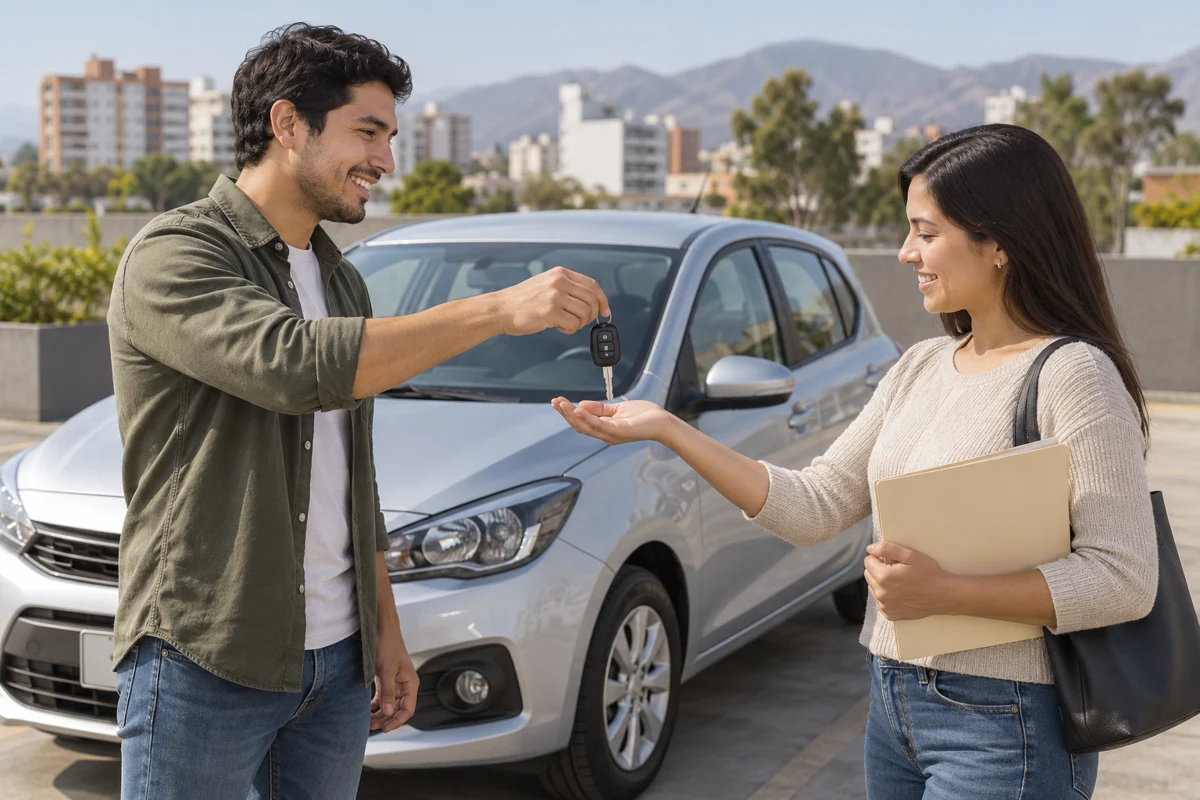 Ilustración de una compradora recibiendo las llaves de un auto usado